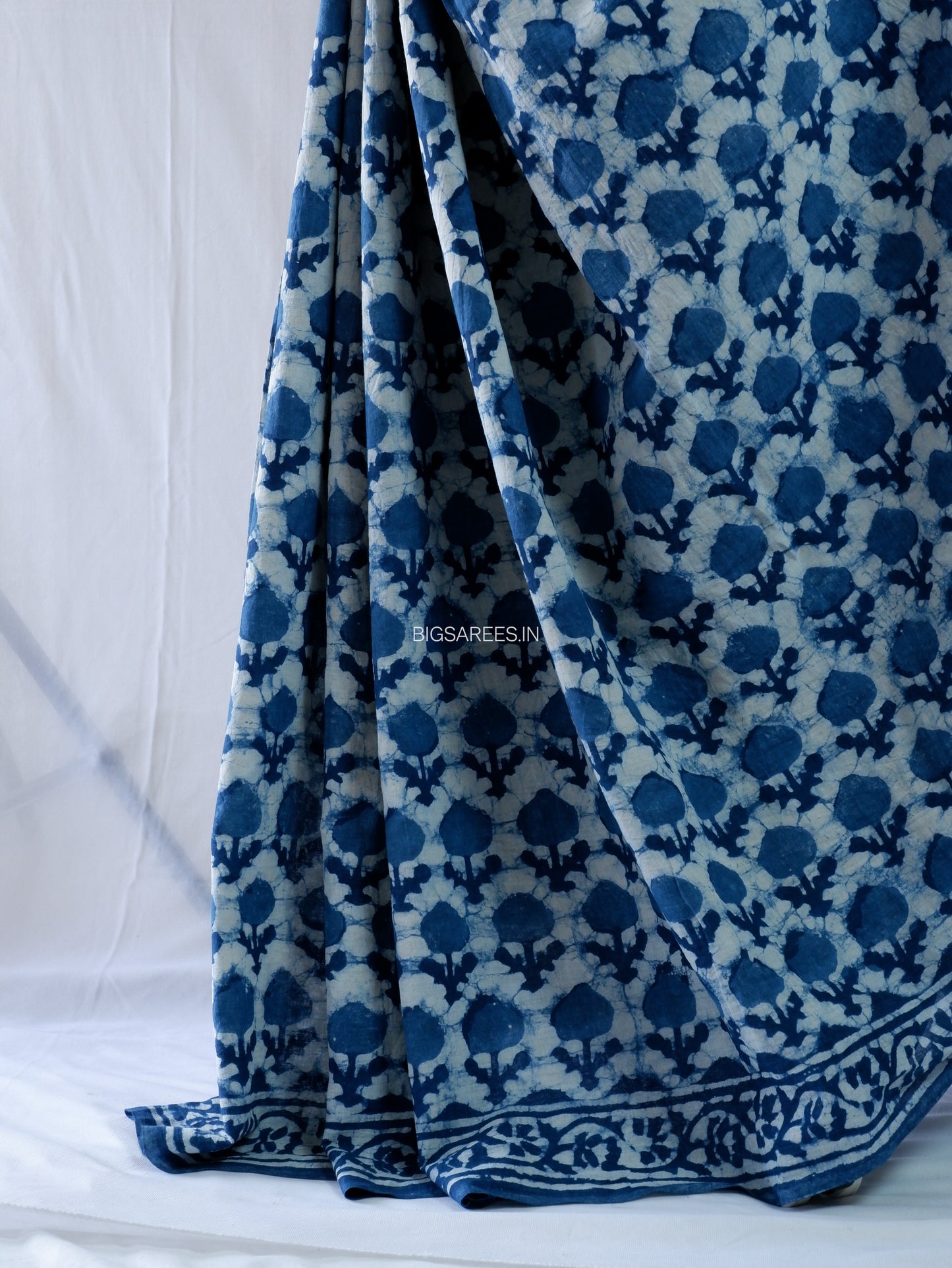 Hand Block Print Saree | Mal Mal Cotton | Indigo