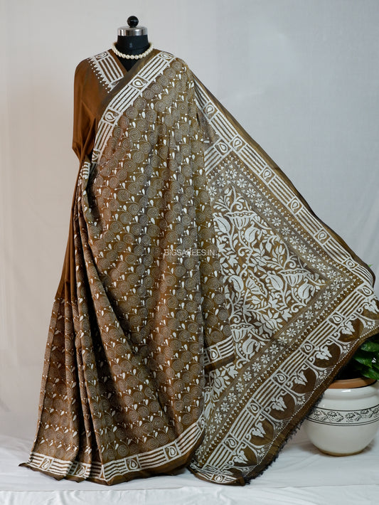 Kantha Stitch Hand Embroidered Saree | Blended Bangalore Silk/Art Silk | Bronze