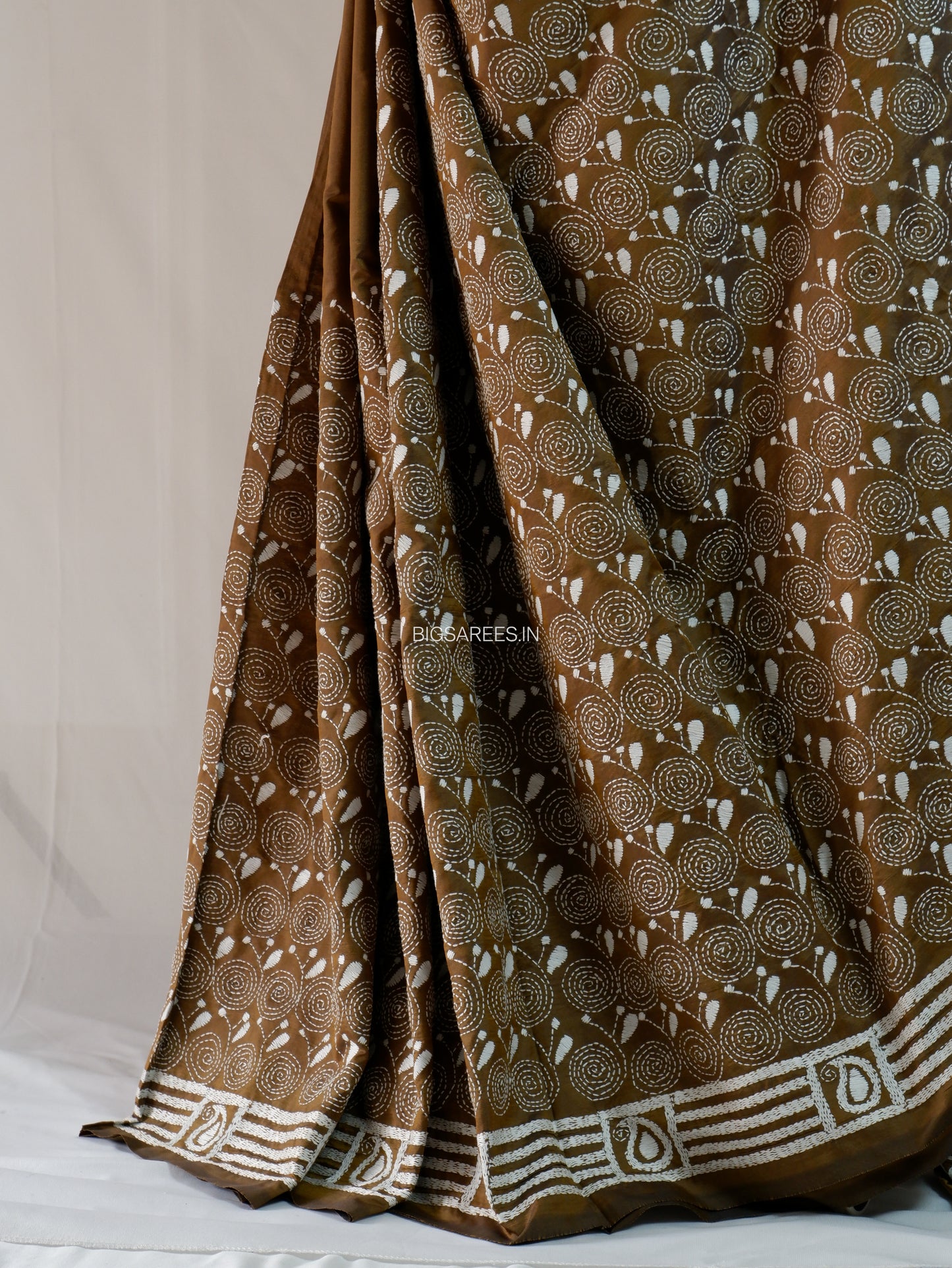 Kantha Stitch Hand Embroidered Saree | Blended Bangalore Silk/Art Silk | Bronze