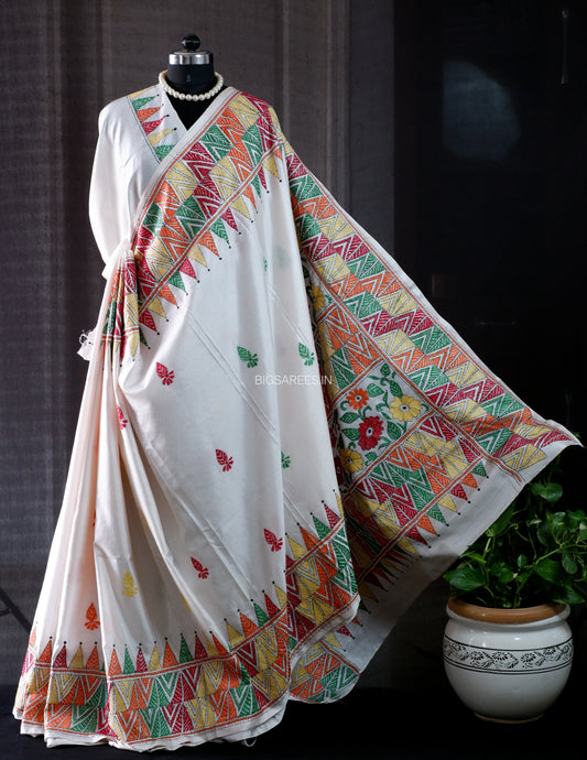Kantha - Stitch Hand Embroidered Saree | Blended Bangalore Silk / Art Silk | White