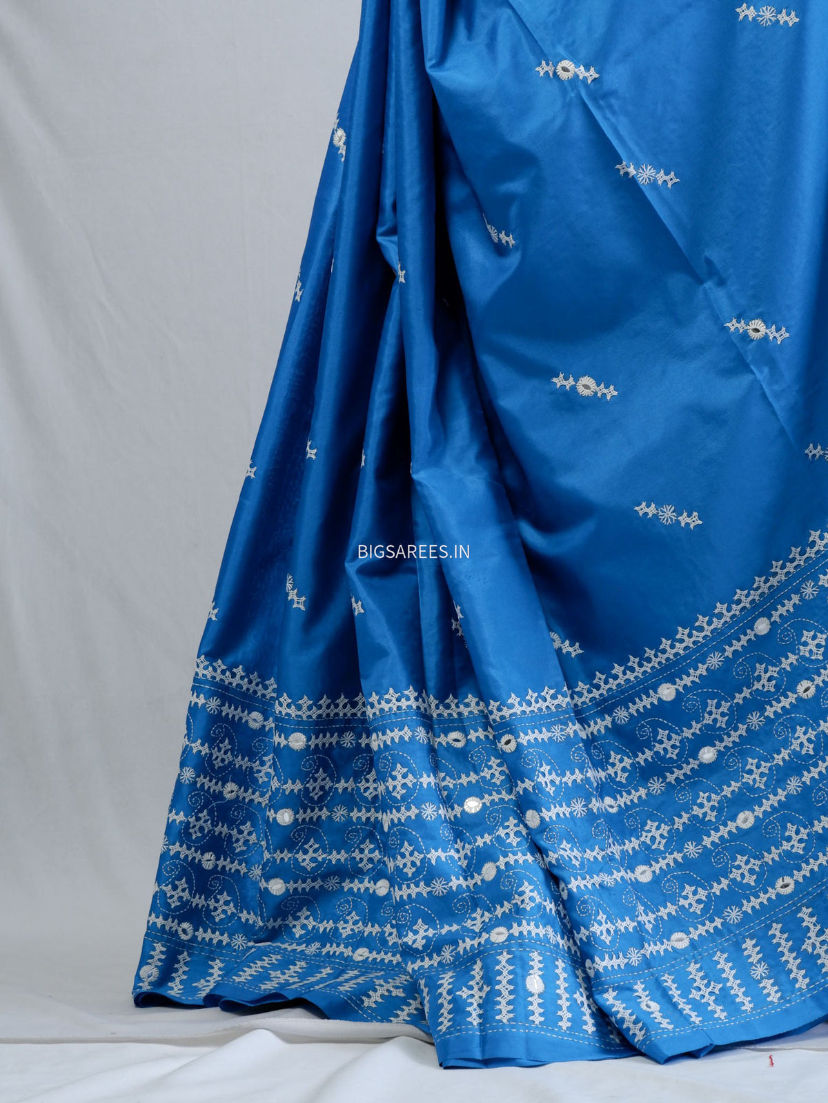 Kutchi/Gujarati Stitch Hand Embroidered Saree | Art Silk | Foil Mirror | Light Blue