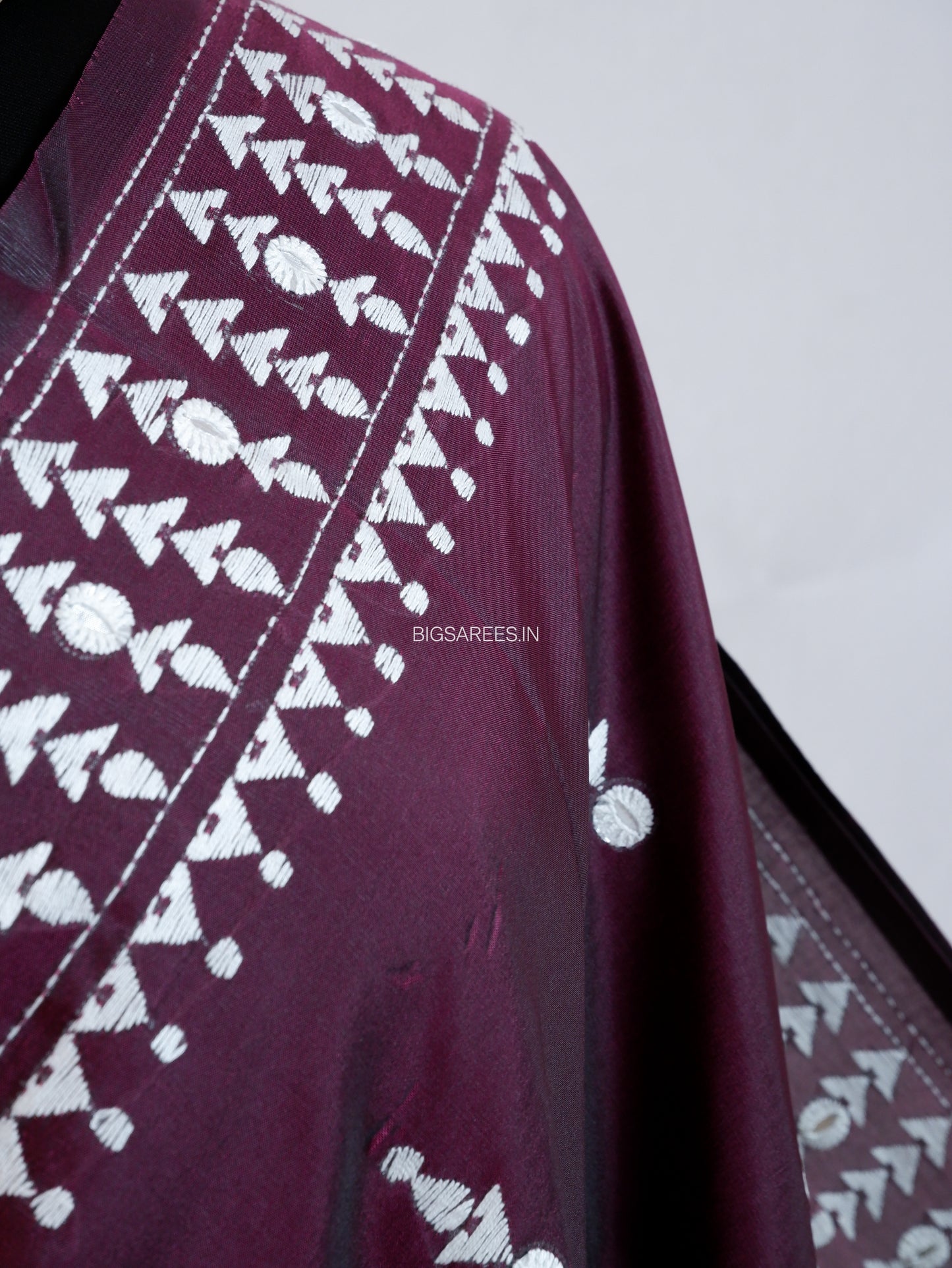 Kantha Stitch Hand Embroidered Saree | Blended Bangalore Silk / Art Silk | Wine Red