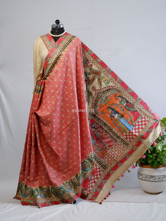 Handcrafted Madhubani Saree | Pure Tussar Ghicha Silk | Silk Mark Certified | Light Red