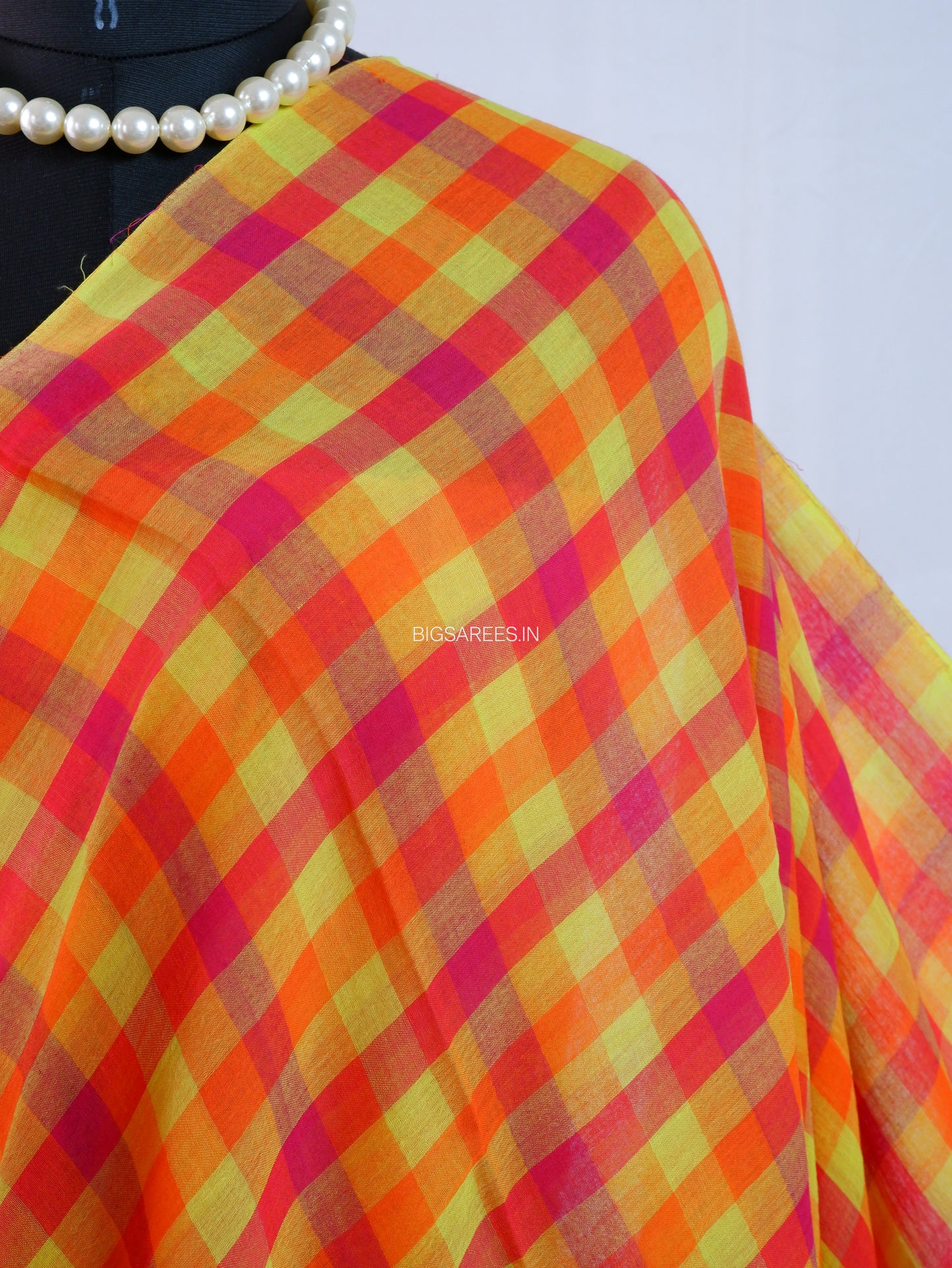 Checkered Mul Cotton Saree With Ikat Blouse | Ultra Lightweight | Orange & Yellow