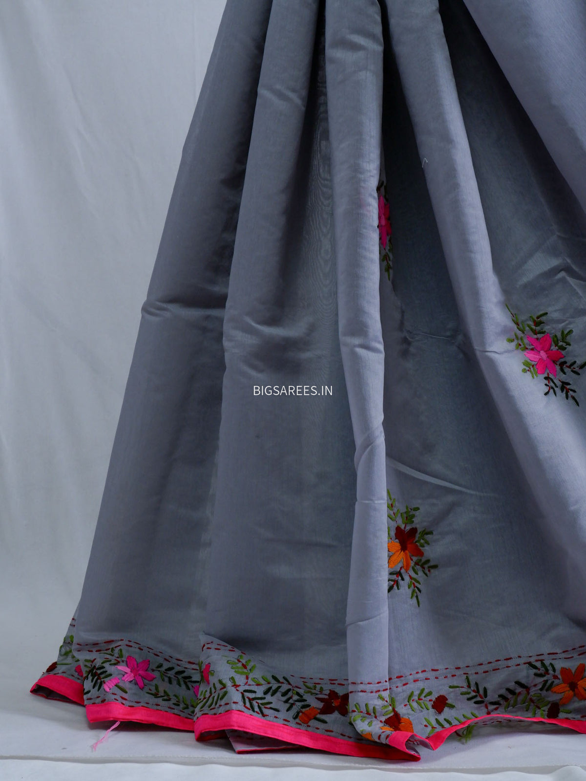 Phulkari Hand-Embroidered Saree | Chanderi Silk | Grey