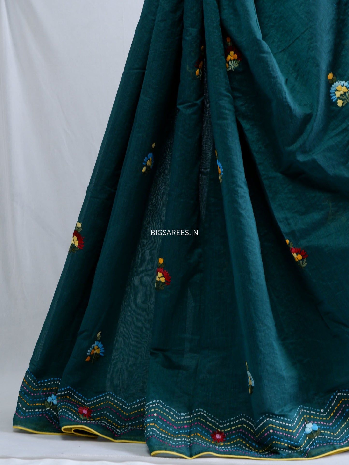 Phulkari Hand-Embroidered Saree | Chanderi Silk | Dark Green