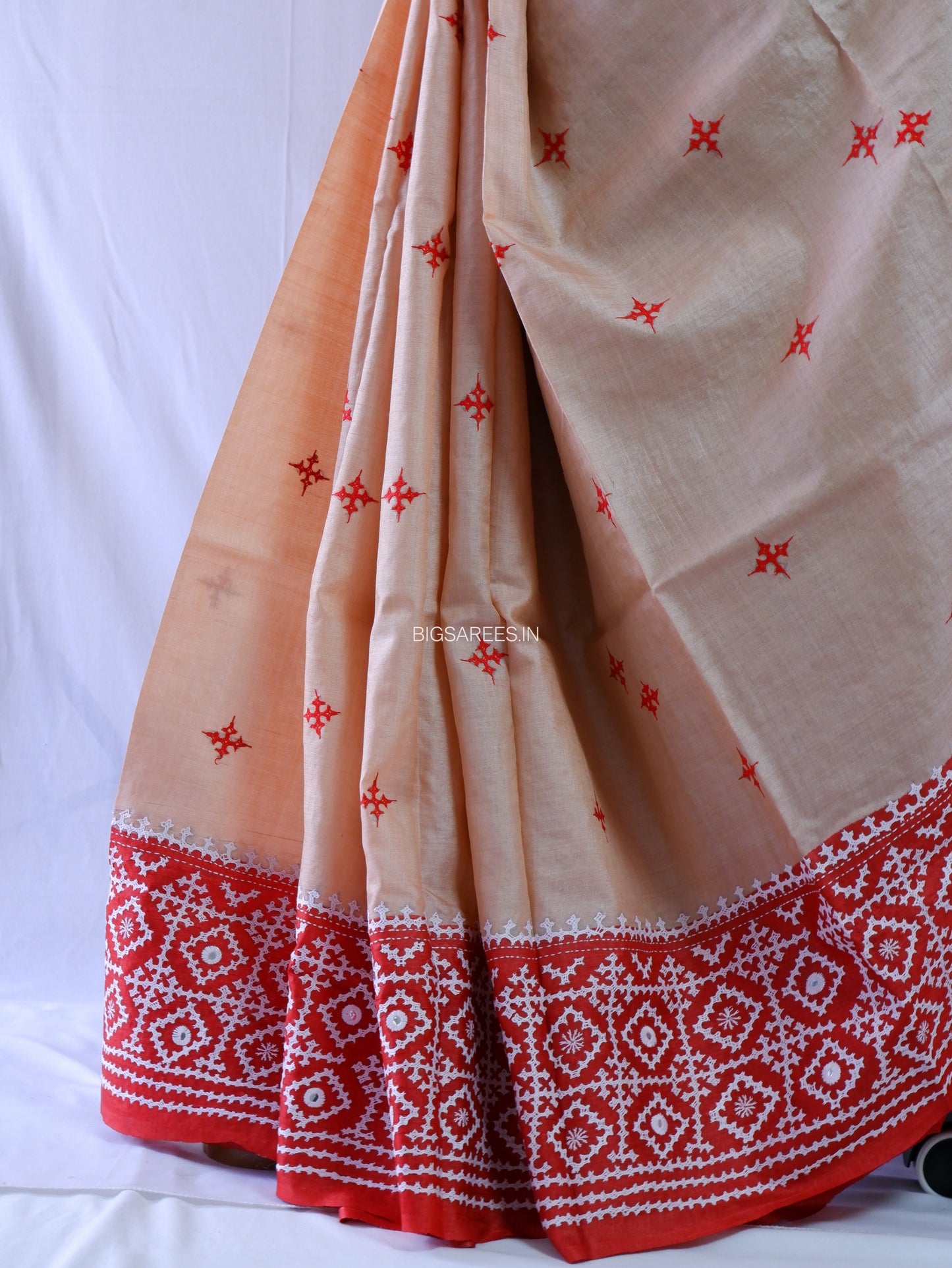 Kutchi Hand Embroidered Saree | Gachi Tassar Silk | Silk Marked | Red/Beige