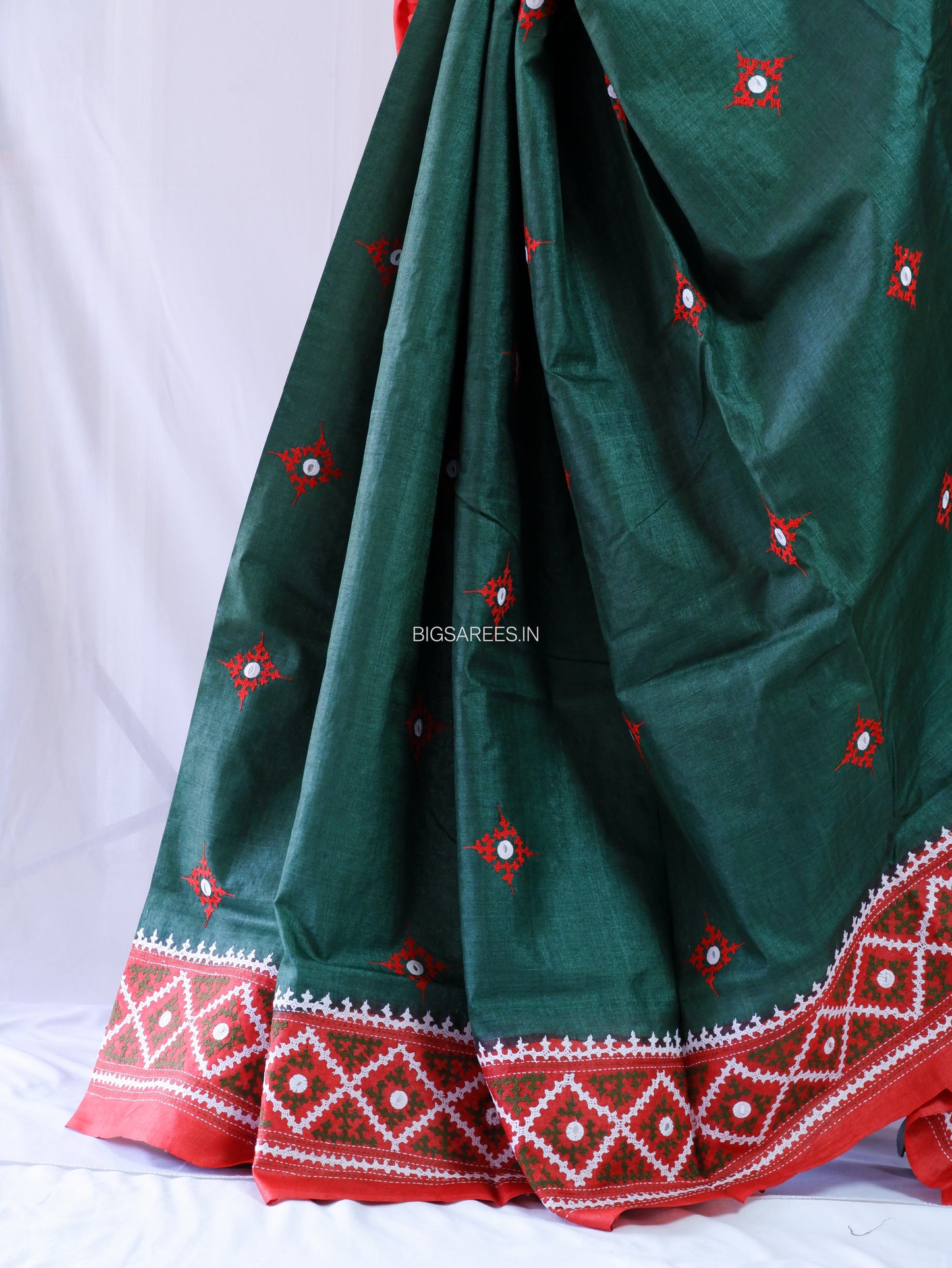 Kutchi Hand Embroidered Saree | Gachi Tassar Silk | Silk Marked | Dark Green/Red
