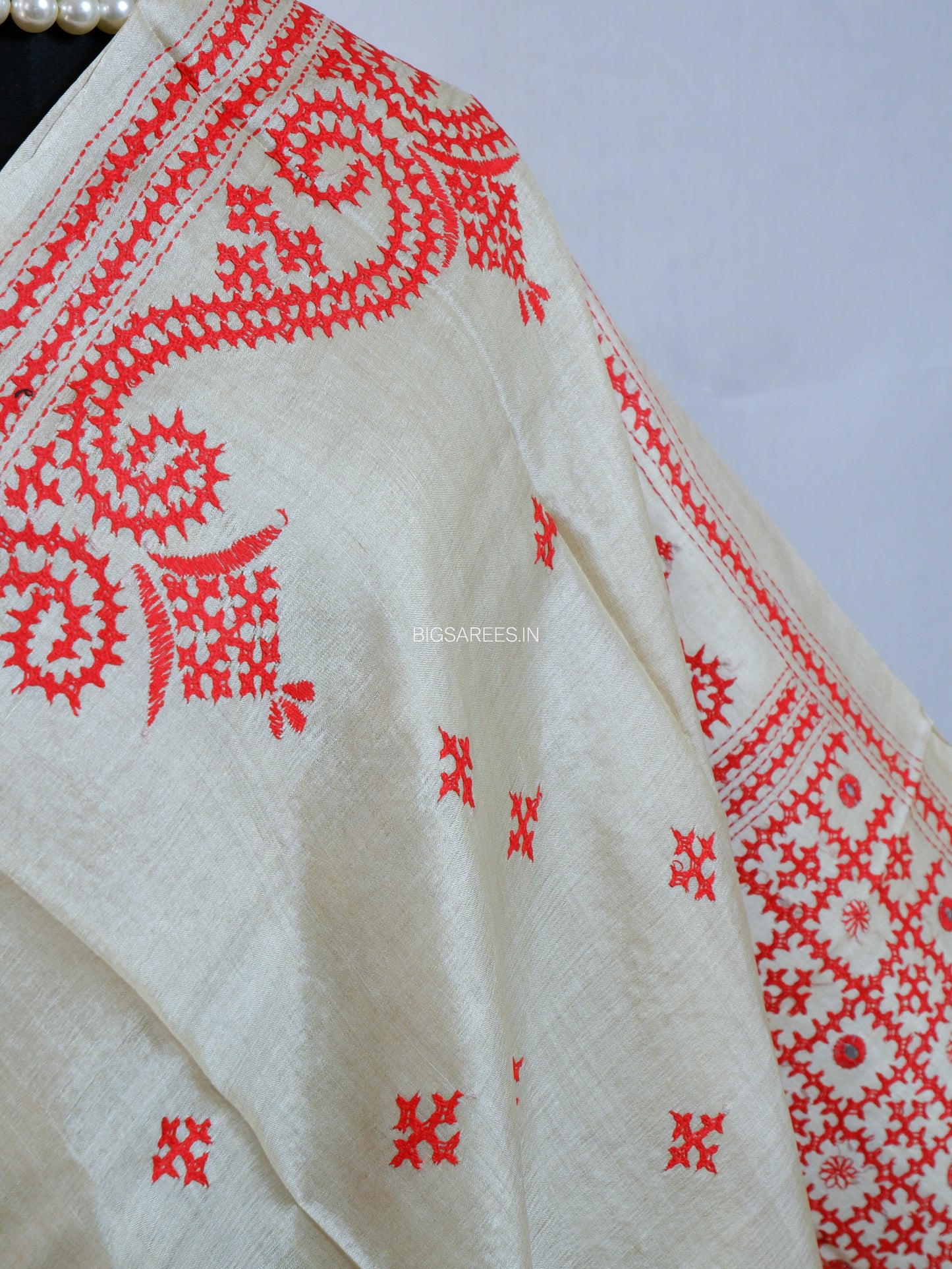 Kutchi Hand Embroidered Saree | Gachi Tassar Silk | Silk Marked | Off White