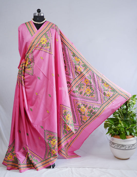 Kantha-Stitch Hand Embroidered Saree | Blended Bangalore Silk / Art Silk | Pink