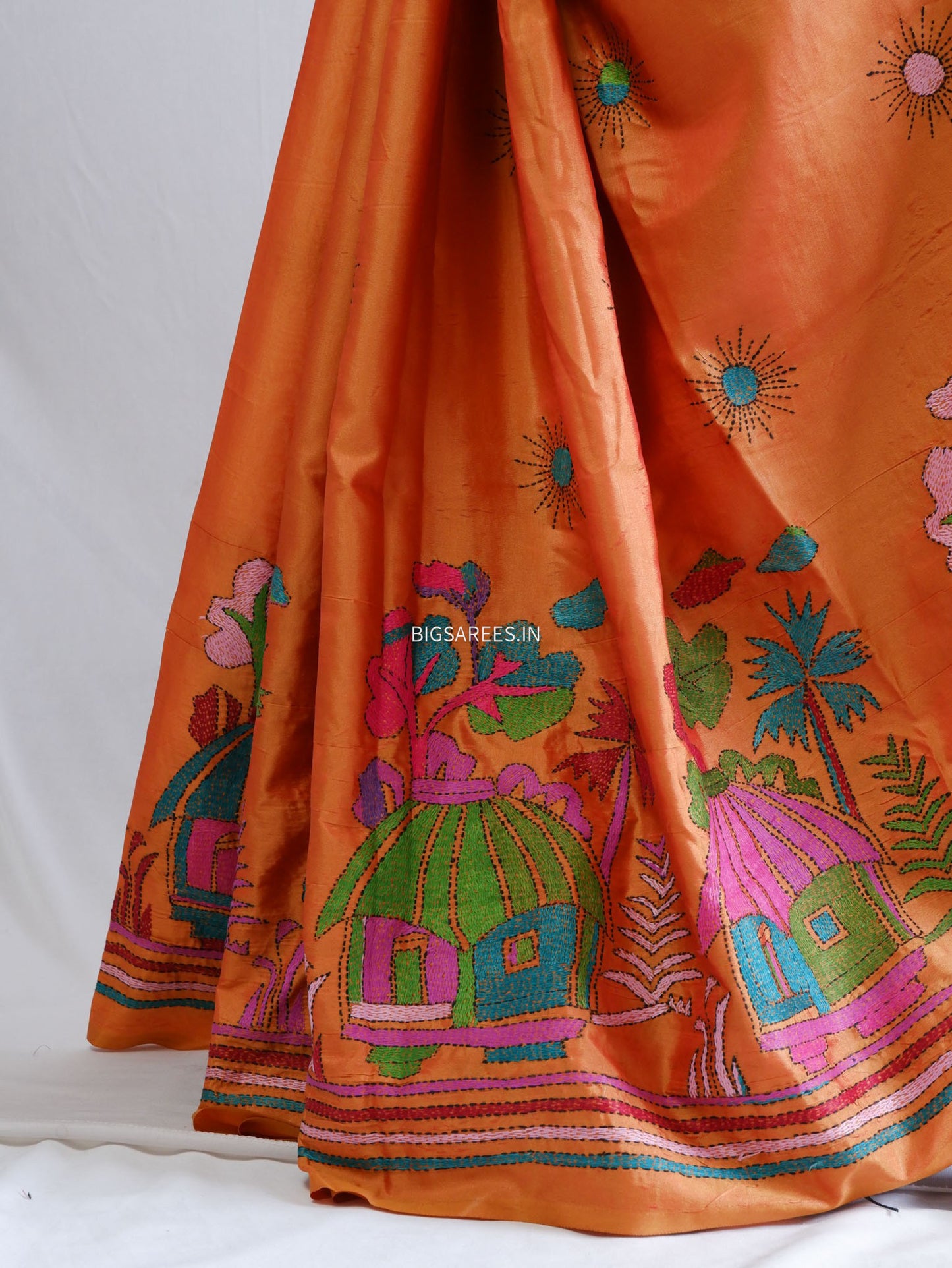 Kantha-Stitch Hand Embroidered Saree | Blended Bangalore Silk / Art Silk | Orange