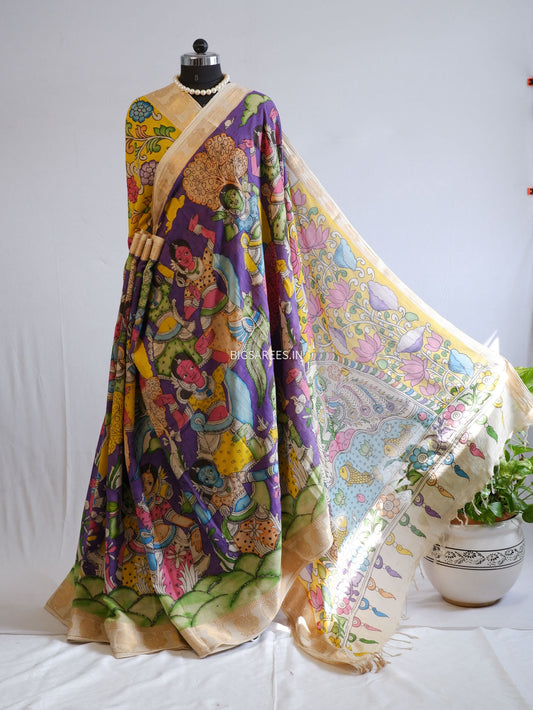 Pen Kalamkari Cotton Saree with Running Blouse | Hand-Painted | Violet
