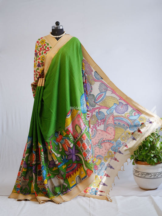 Pen Kalamkari Cotton Saree with Running Blouse | Hand-Painted | Green