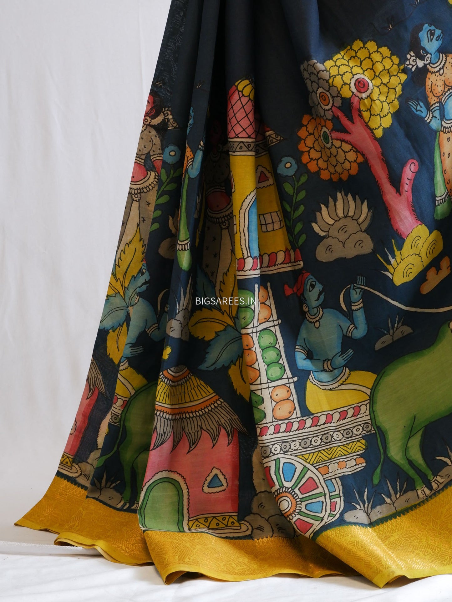 Hand-Painted Kalamkari Saree | Bangalore Silk | Prussian Blue