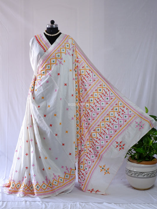 Kutchi/Gujarati Stitch Hand Embroidered Saree | Art Silk | Real Mirror Work | White