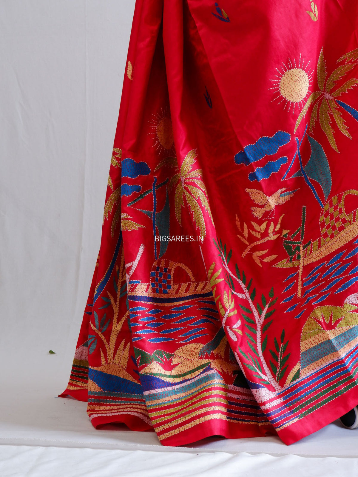 Kantha - Stitch Hand Embroidered Saree | Pure Bangalore Silk | Silk Mark Certified | Red