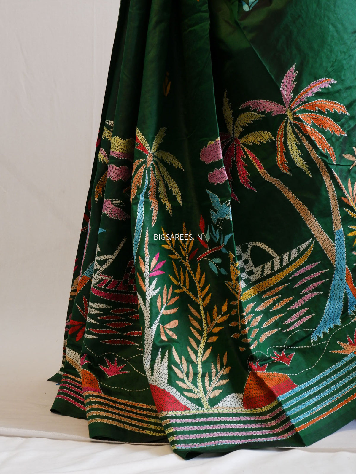 Kantha - Stitch Hand Embroidered Saree | Pure Bangalore Silk | Silk Mark Certified | Green