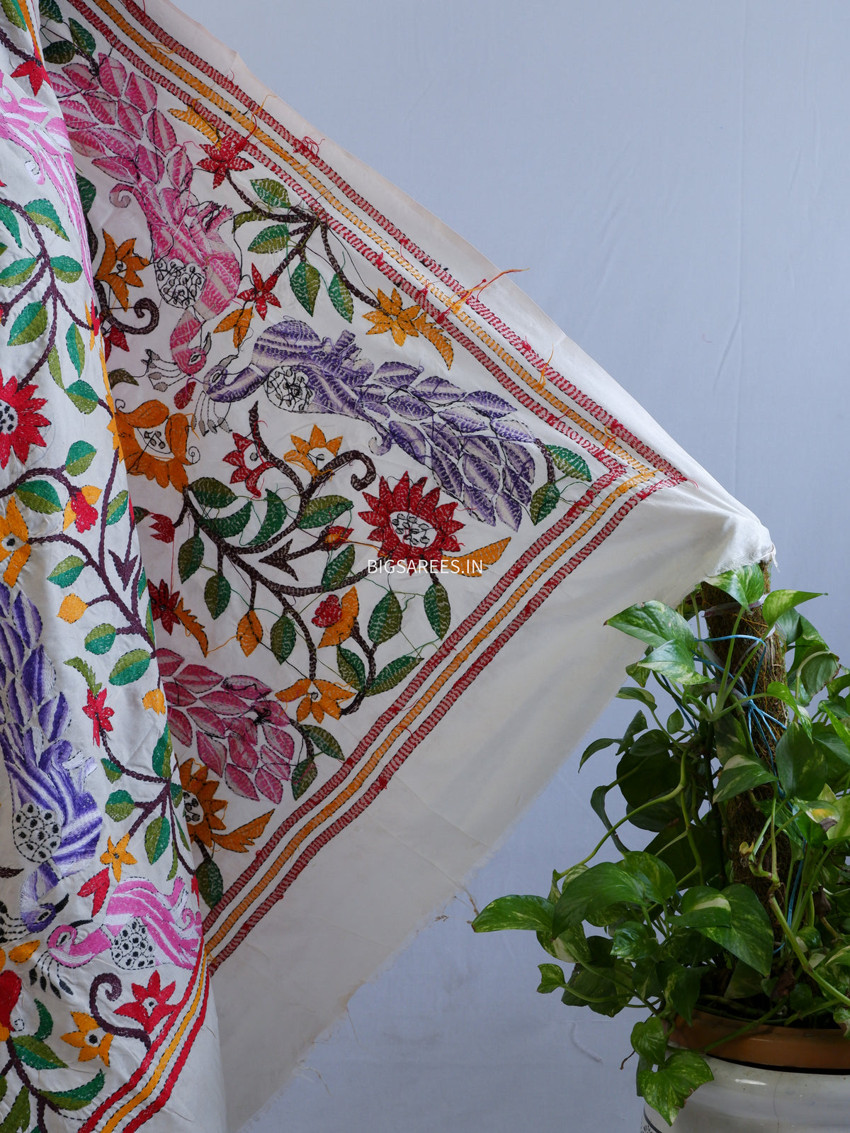 Kantha Hand-Embroidered Dupatta | Semi Tussar Silk | Full Work | Off-White