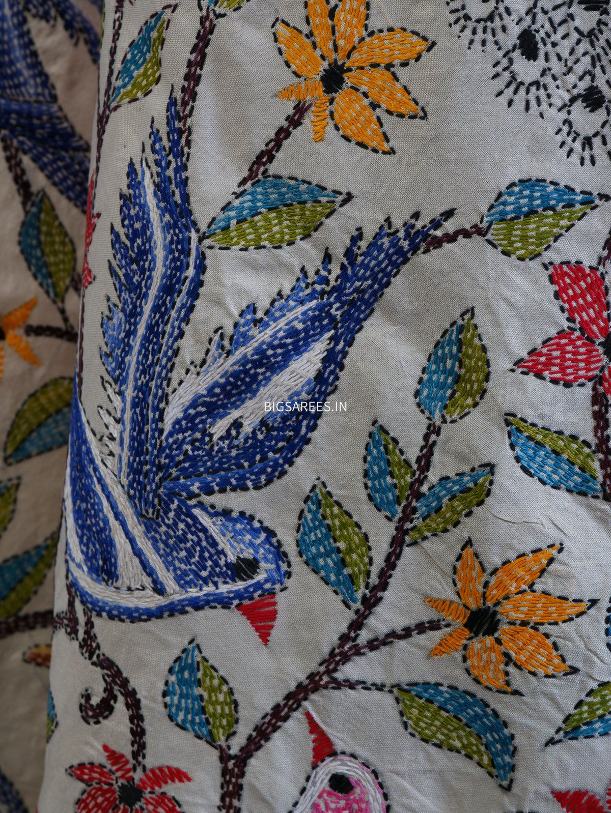 Kantha Hand-Embroidered Dupatta | Semi Tussar Silk | Full Work | Off-White