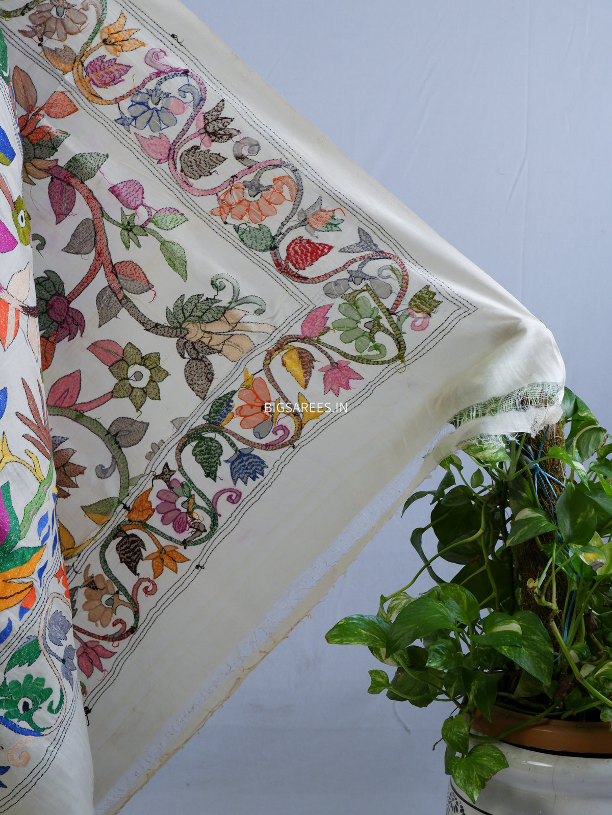 Kantha Hand-Embroidered Dupatta | Semi Tussar Silk | Full Work | Off-White