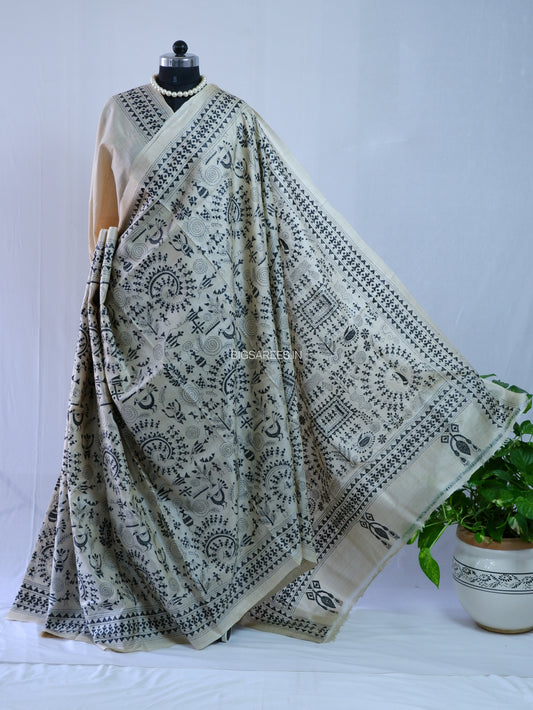 Kantha Stitch Hand Embroidered Saree | Pure Tussar Silk | Silk Mark Certified | Beige