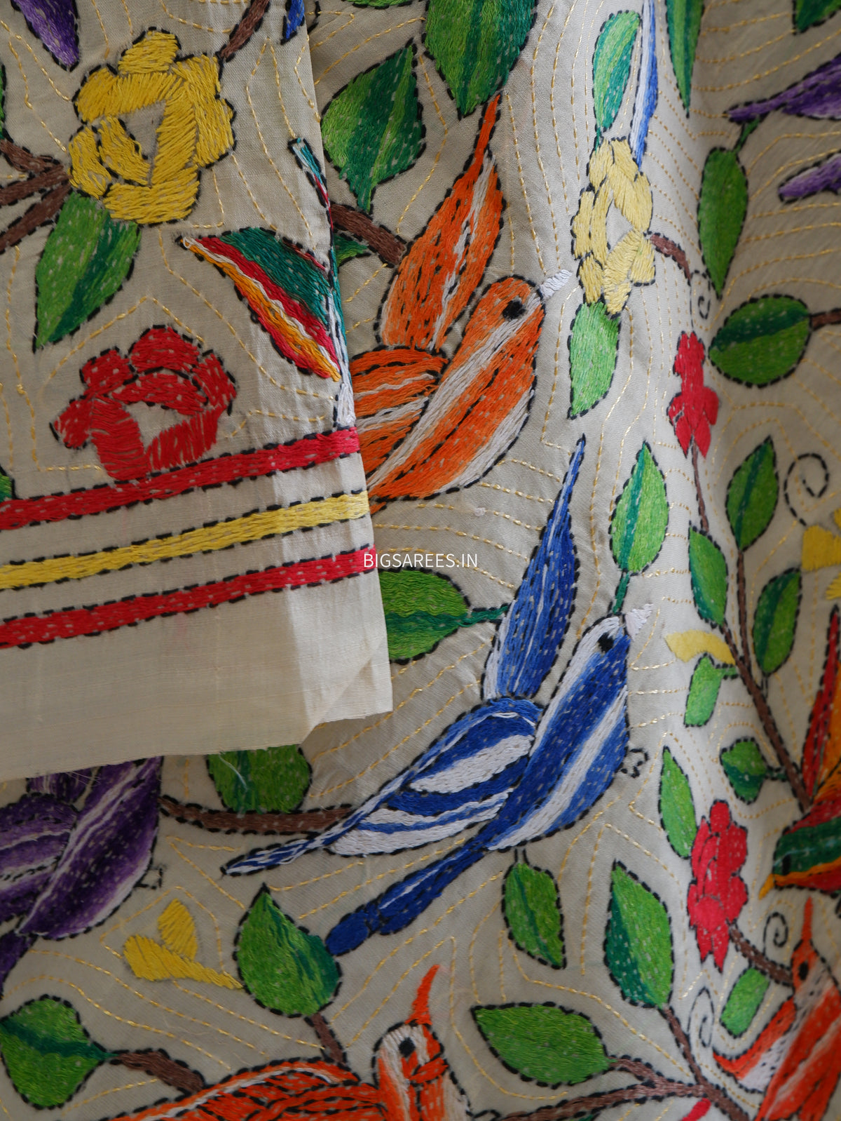 Kantha Hand-Embroidered Dupatta | Semi Tussar Silk | Full Work | Off-White