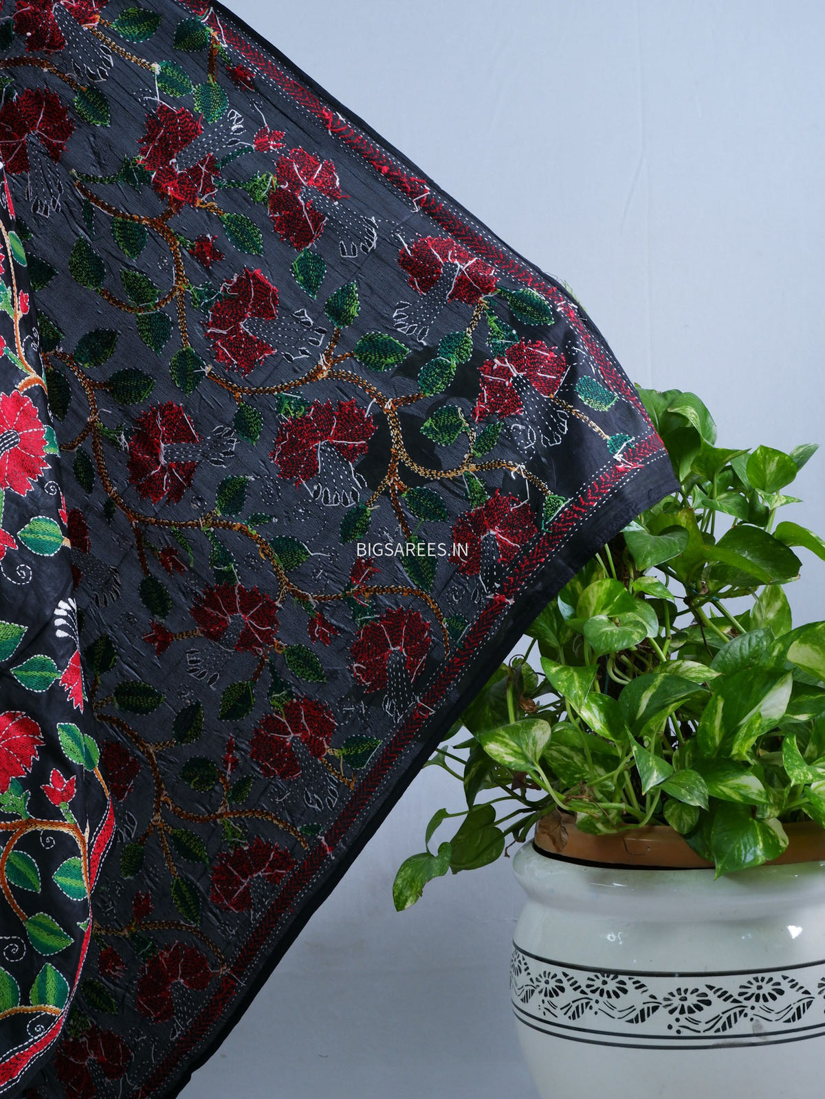 Kantha Hand-Embroidered Dupatta | Blended Bangalore Silk | Black