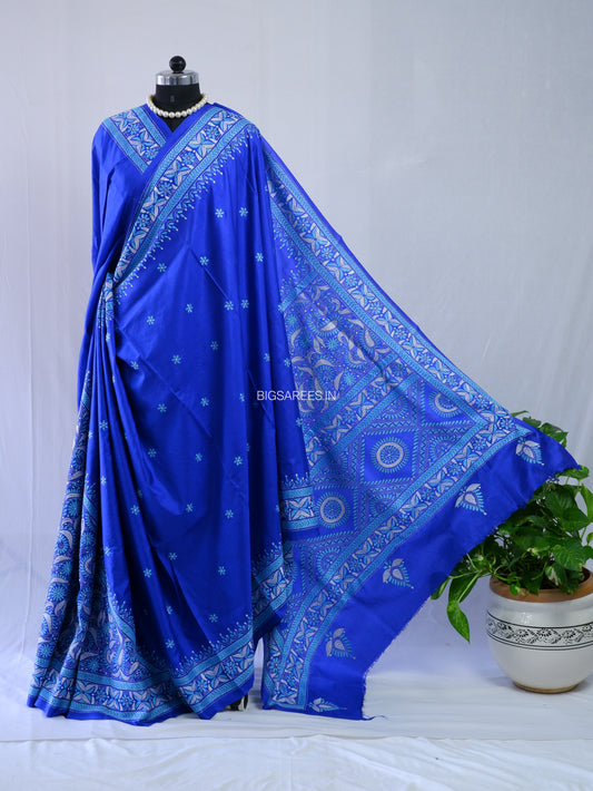Kantha - Stitch Hand Embroidered Saree | Pure Bangalore Silk | Silk Mark Certified | Royal Blue