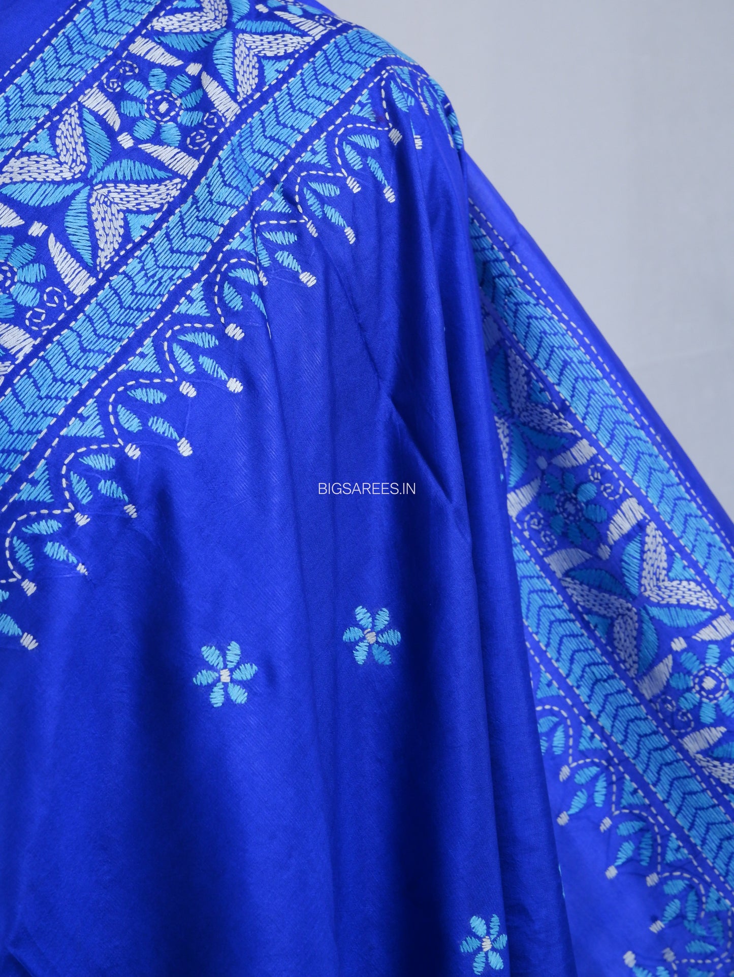 Kantha - Stitch Hand Embroidered Saree | Pure Bangalore Silk | Silk Mark Certified | Royal Blue