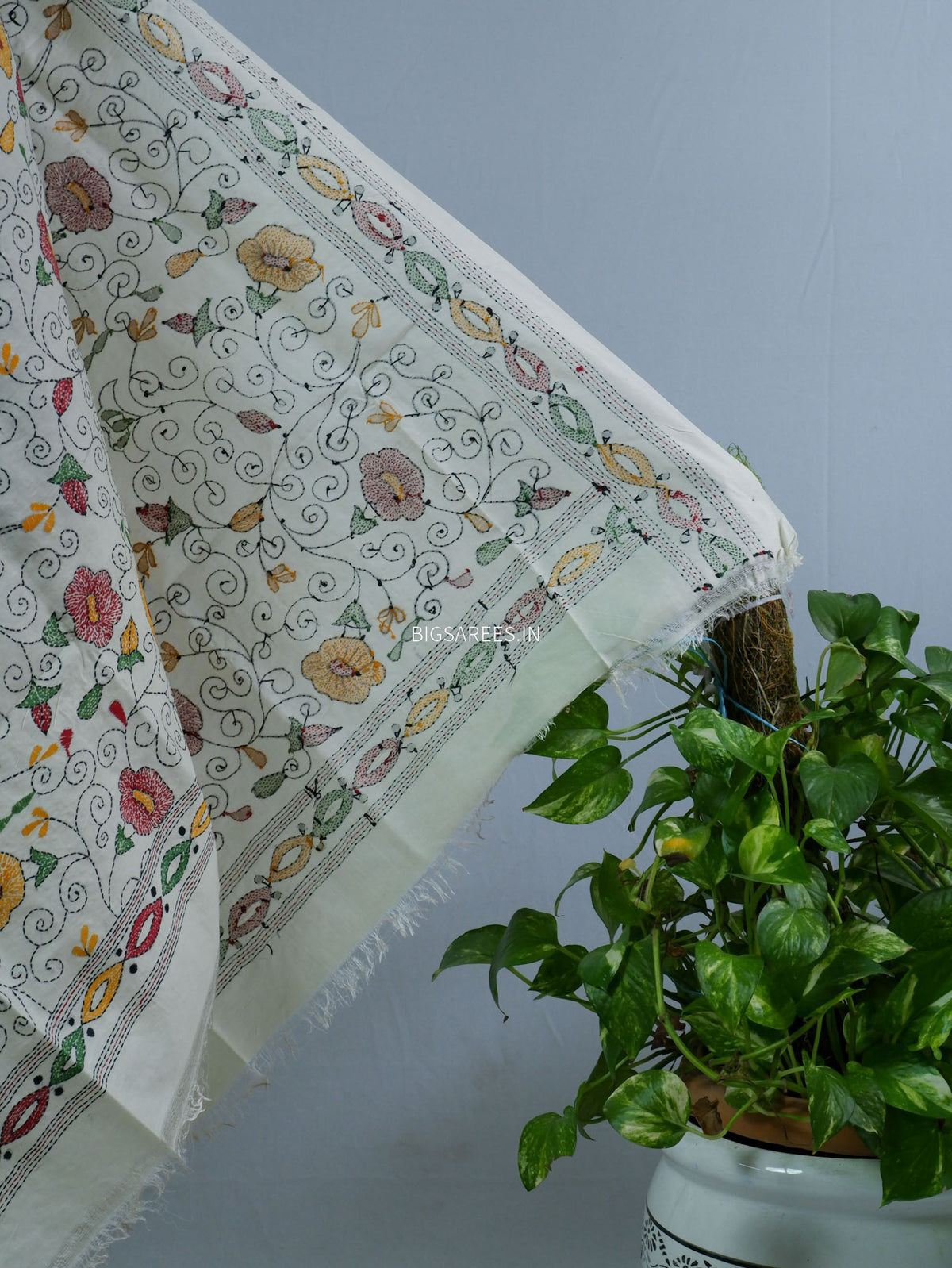 Kantha Hand-Embroidered Dupatta | Semi Tussar Silk | Full Work |