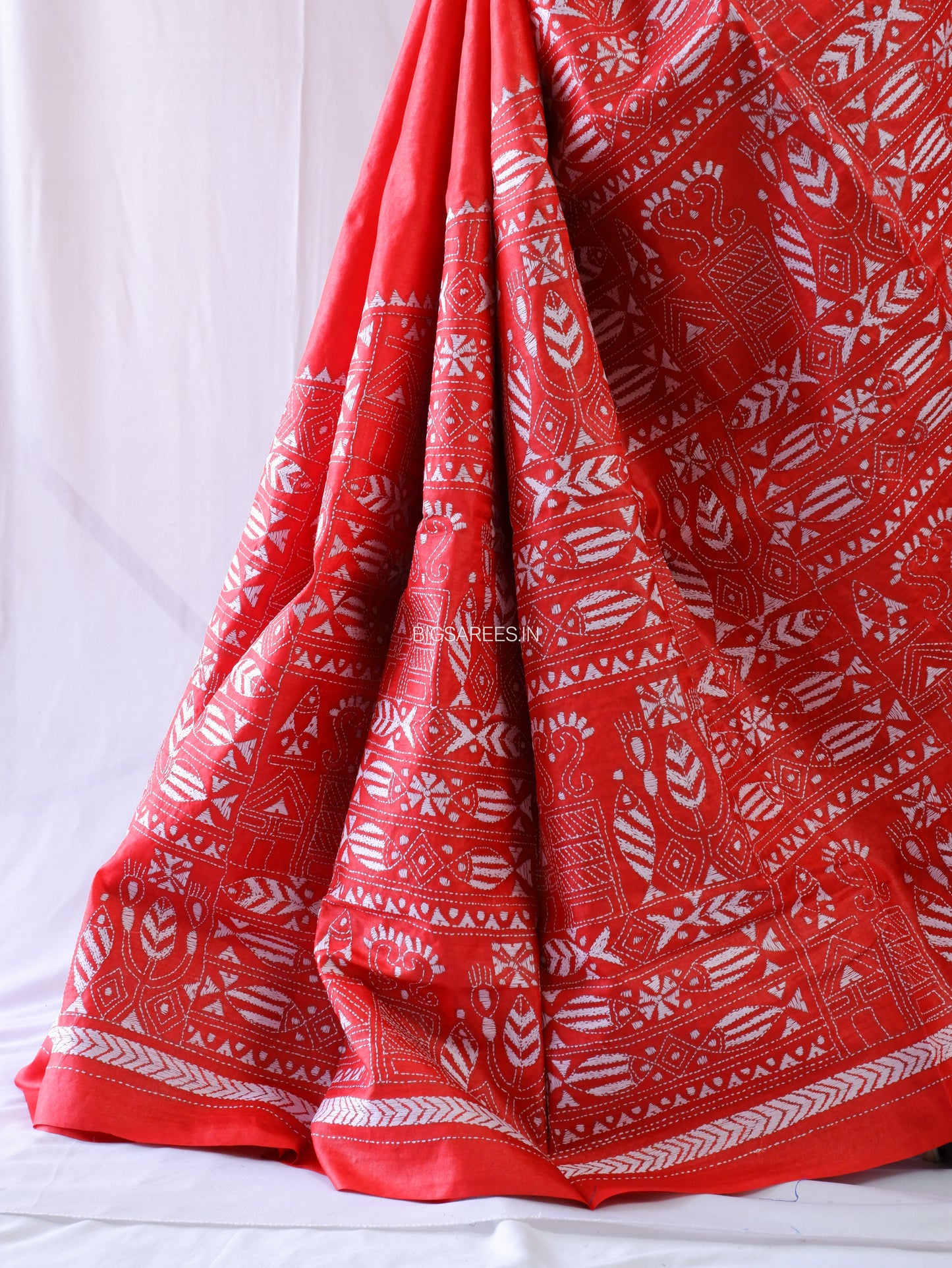 Kantha Stitch Hand Embroidered Saree | Pure Tussar Silk | Silk Mark Certified | Red