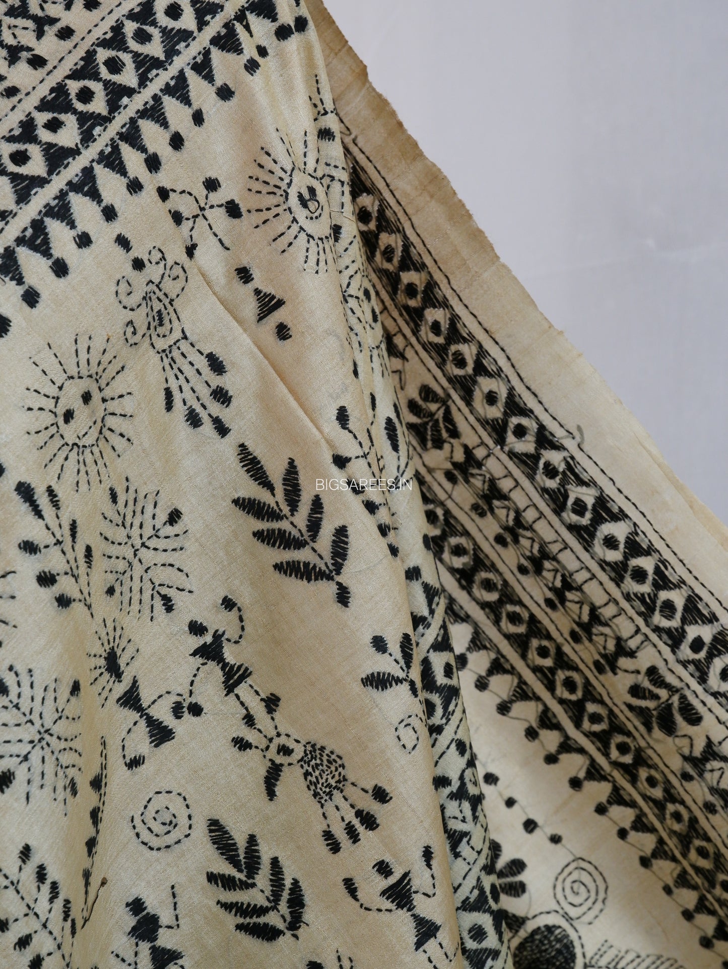Kantha Stitch Hand Embroidered Saree | Pure Tussar Silk | Silk Mark Certified | Beige