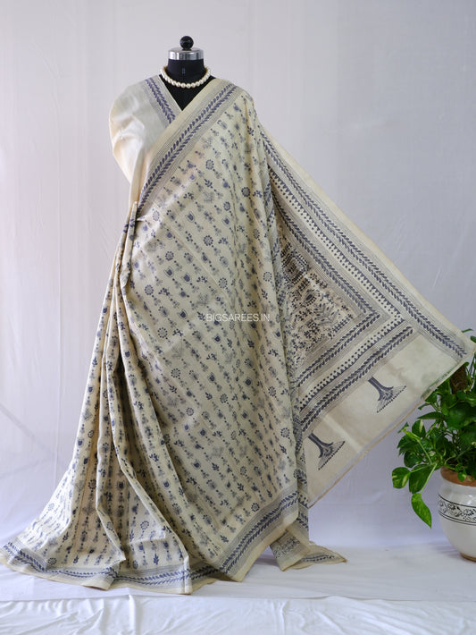 Kantha Stitch Hand Embroidered Saree | Pure Tussar Silk | Silk Mark Certified | Beige