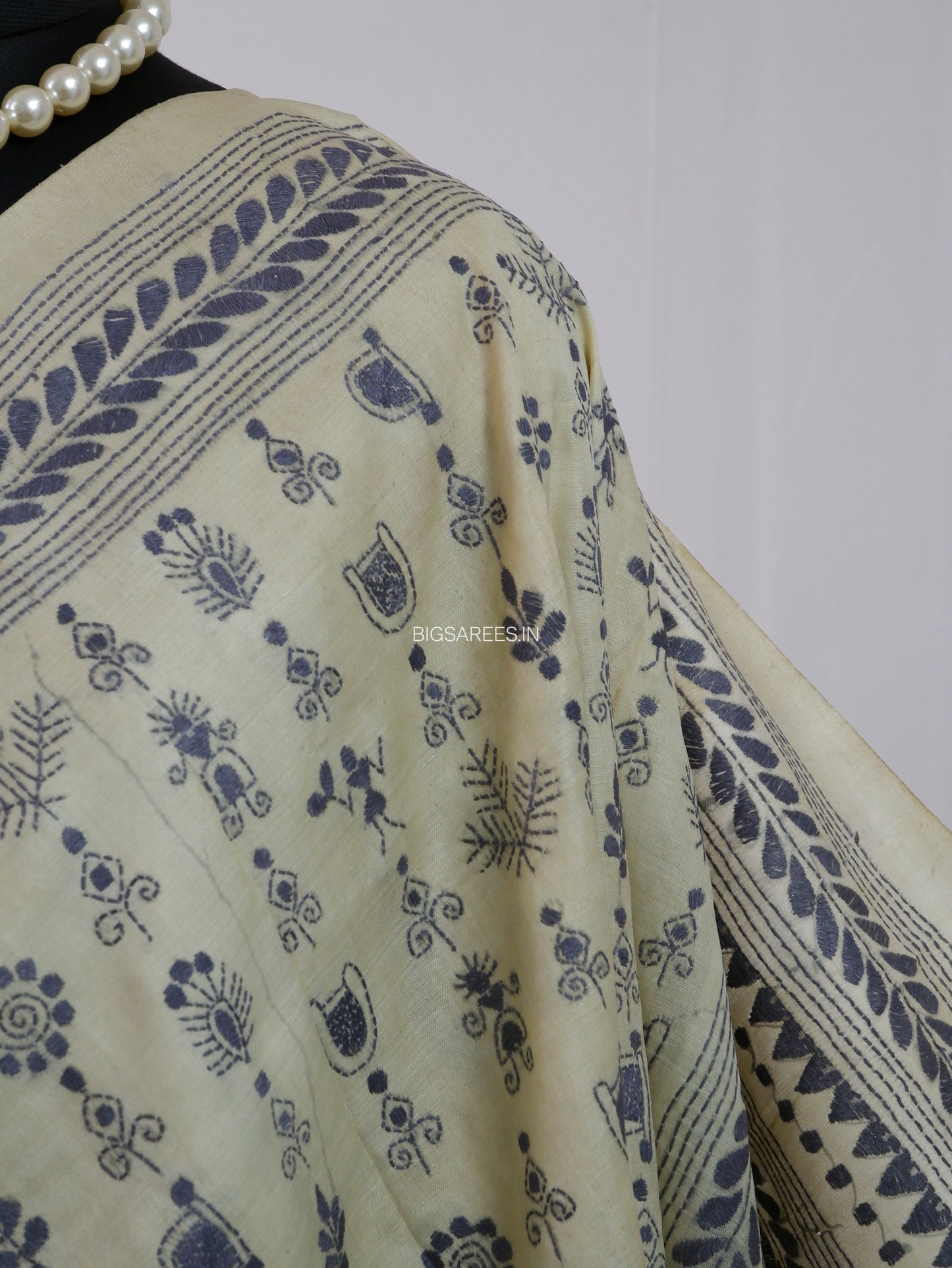 Kantha Stitch Hand Embroidered Saree | Pure Tussar Silk | Silk Mark Certified | Beige