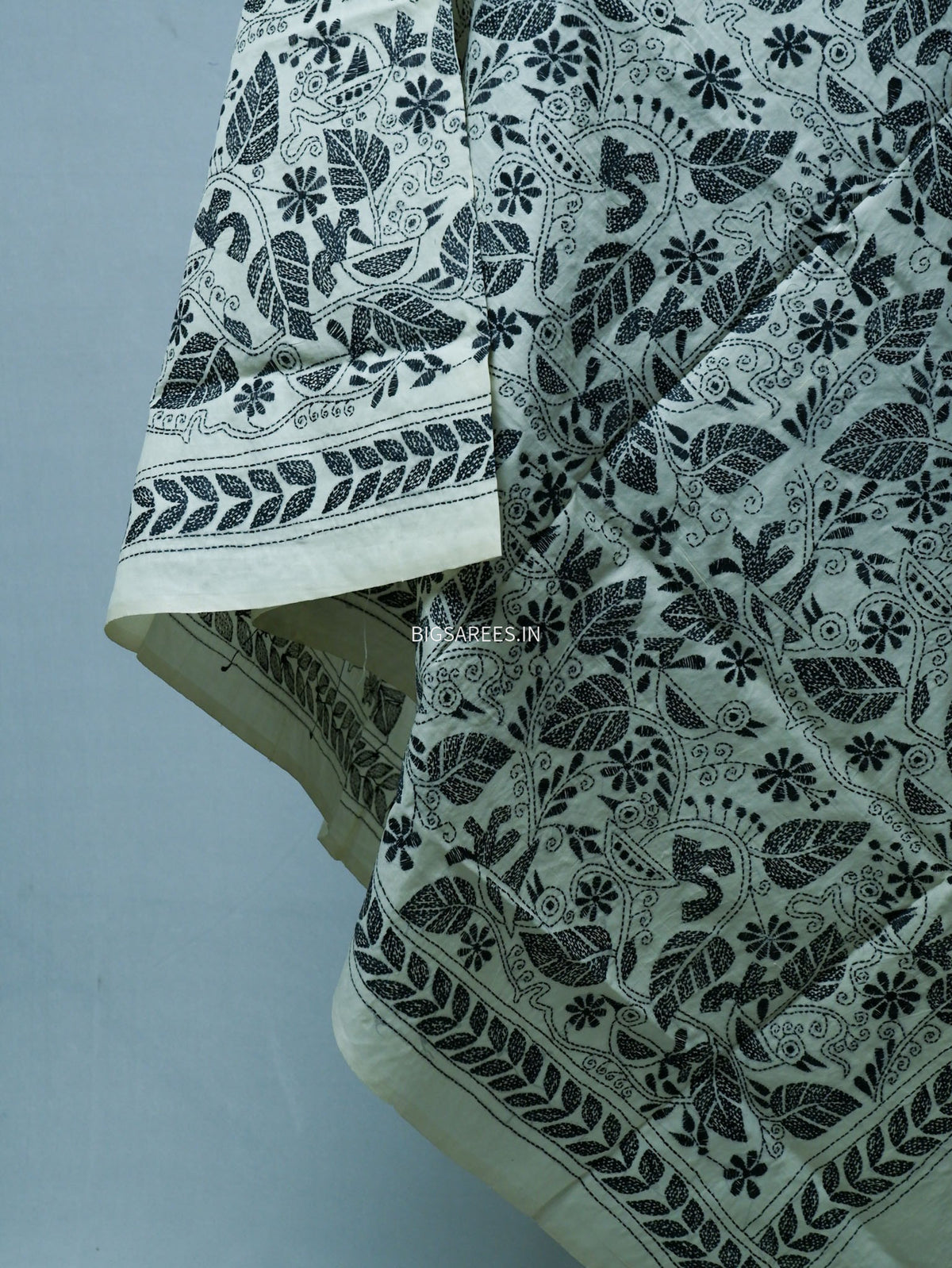 Kantha Hand-Embroidered Dupatta | Semi Tussar Silk | White