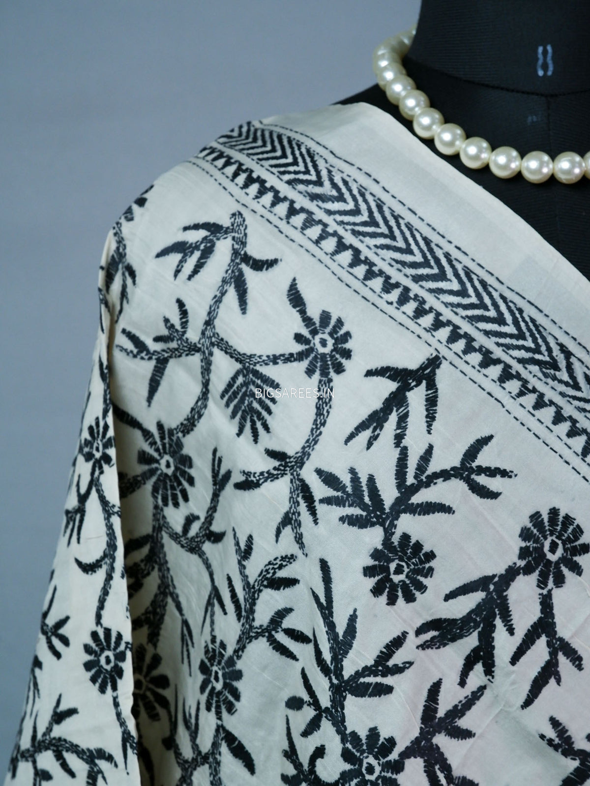 Kantha Hand-Embroidered Dupatta | Semi Tussar Silk | White