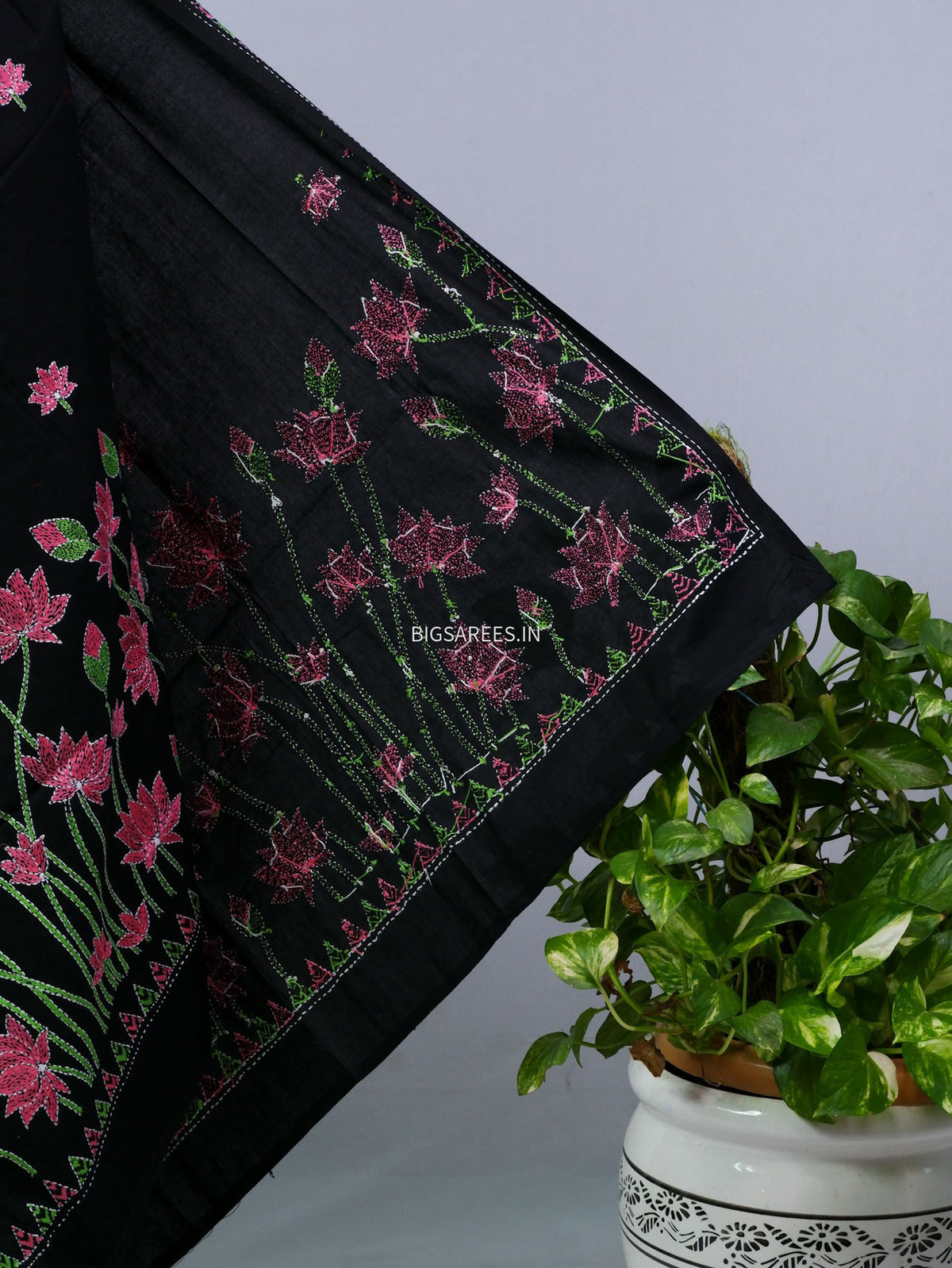 Hand-Embroidered Kantha - Stitch Dupatta | Pure Cotton | Black