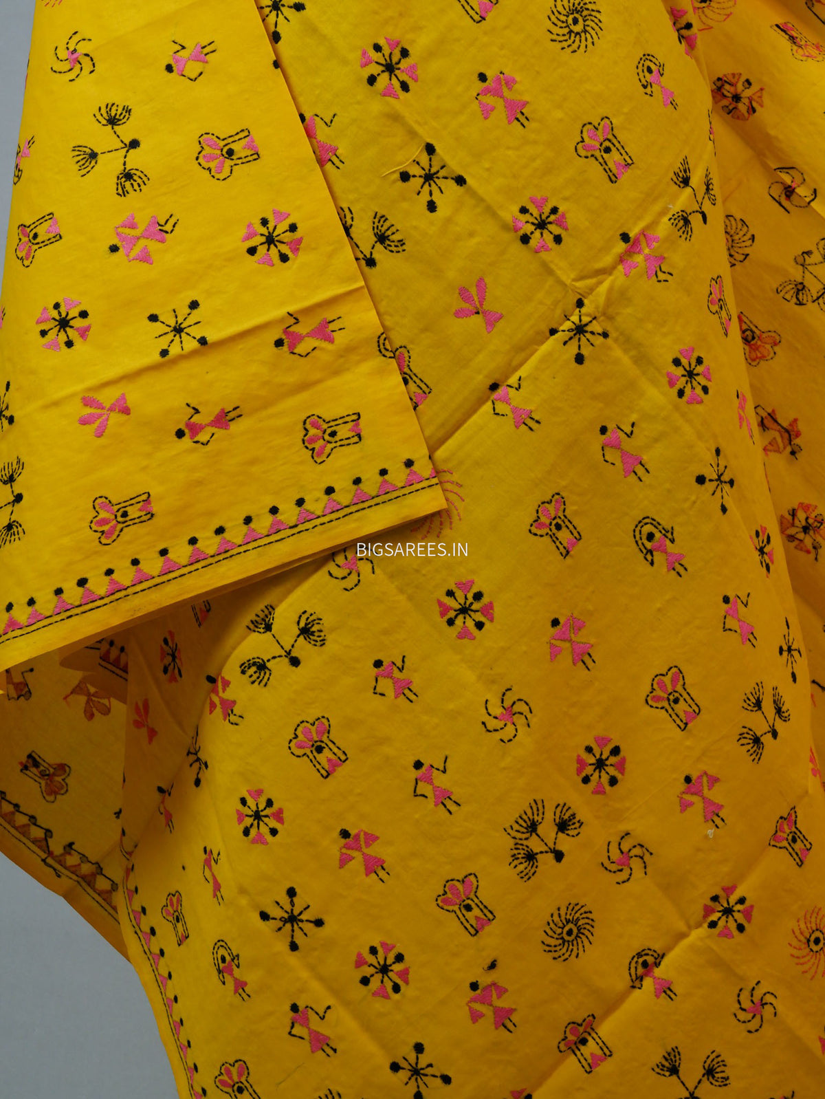 Hand-Embroidered Kantha - Stitch Dupatta | Pure Cotton | Yellow