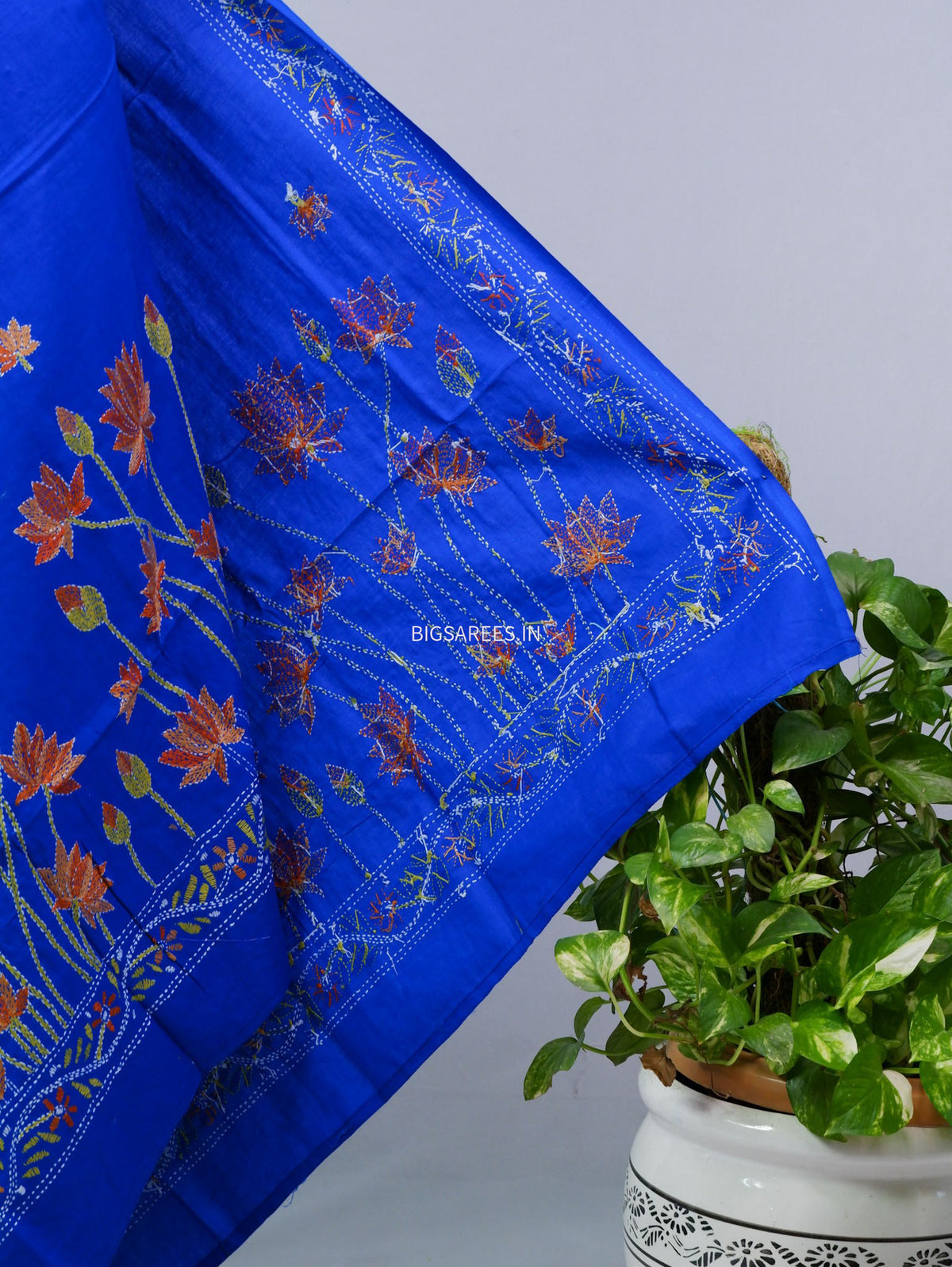 Hand-Embroidered Kantha - Stitch Dupatta | Pure Cotton | Blue