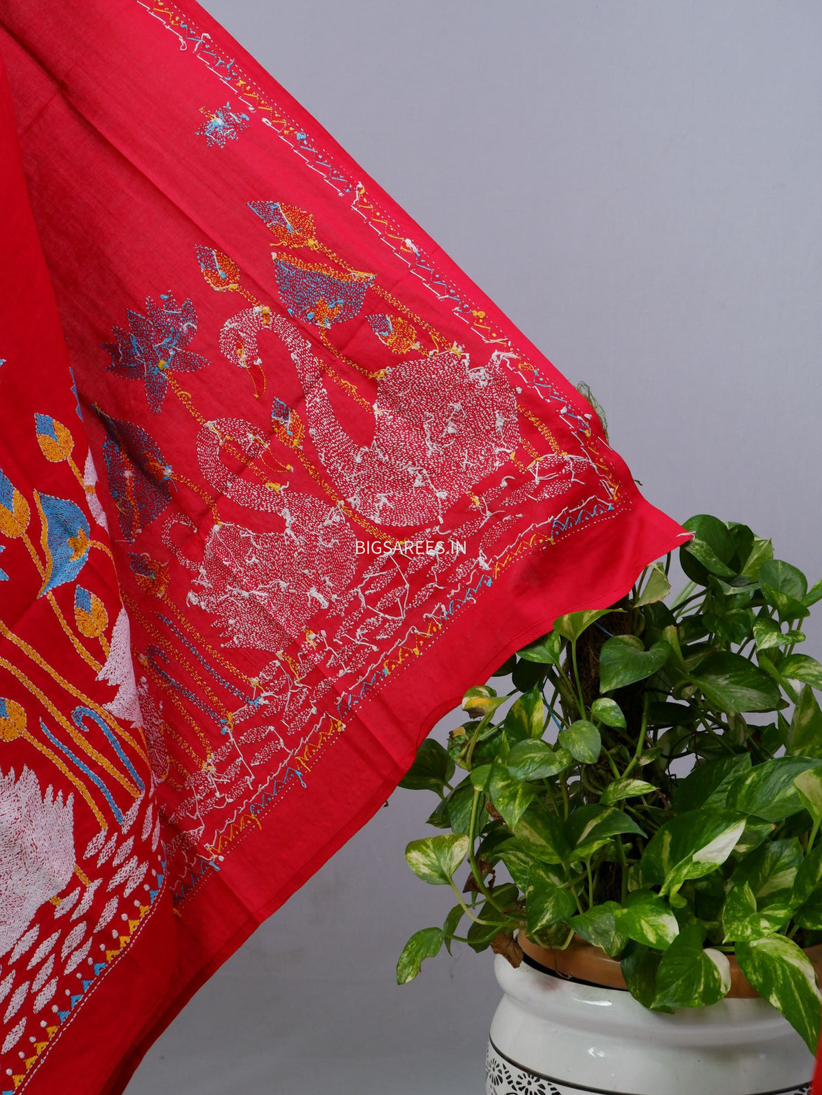 Hand-Embroidered Kantha - Stitch Dupatta | Pure Cotton | Red