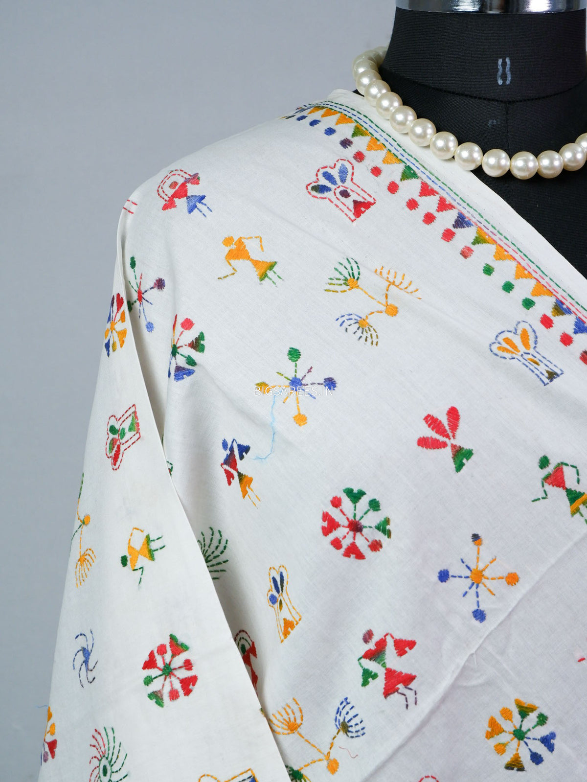 Hand-Embroidered Kantha - Stitch Dupatta | Pure Cotton | White