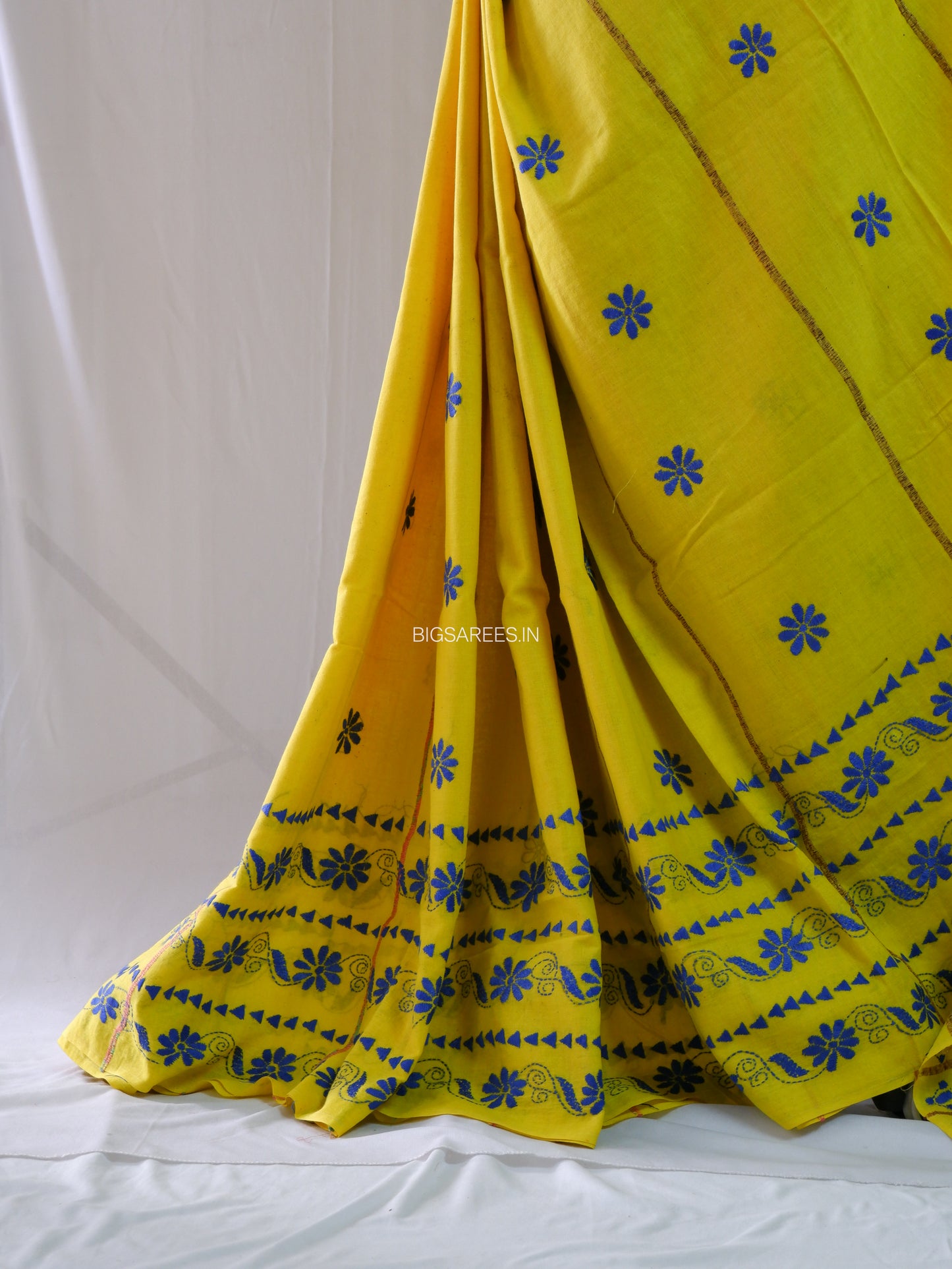 Kantha Stitch Hand-Embroidered Saree | Pure Khesh Cotton | Bright Yellow