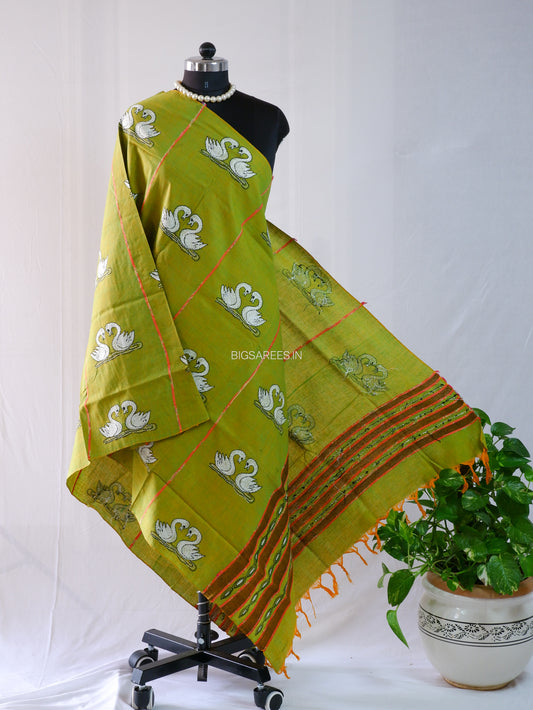 Hand-Embroidered Kantha - Stitch Dupatta | Pure Khesh Cotton | Green