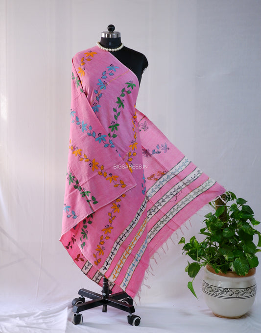 Hand-Embroidered Kantha - Stitch Dupatta | Pure Khesh Cotton | Pink