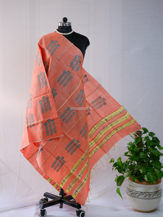 Hand Embroidered Kantha-Stitch Dupatta | Pure Khesh Cotton | Light Orange