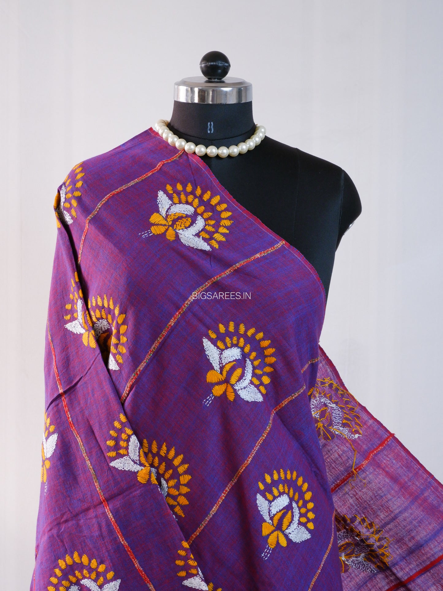 Hand Embroidered Kantha-Stitch Dupatta | Pure Khesh Cotton | Purple