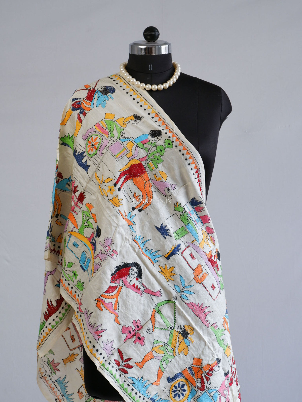 Kantha Pure Tassar Silk Stole | Off white | 22"