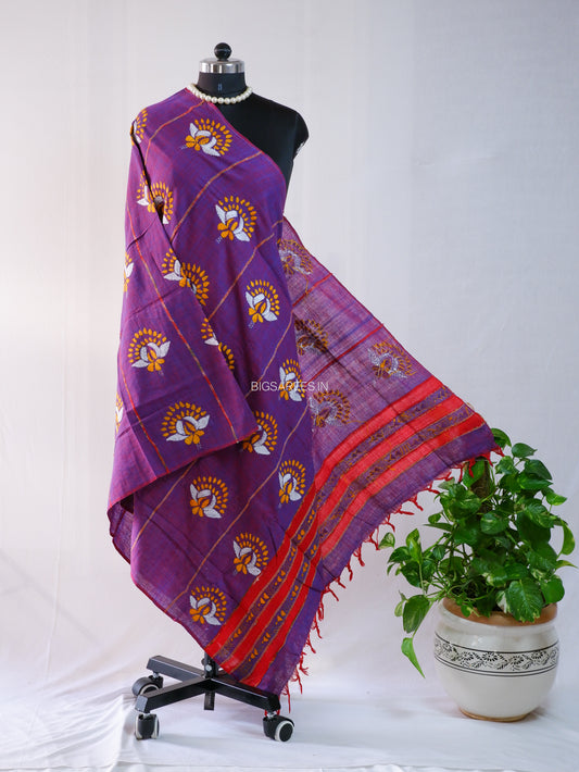 Hand Embroidered Kantha-Stitch Dupatta | Pure Khesh Cotton | Purple