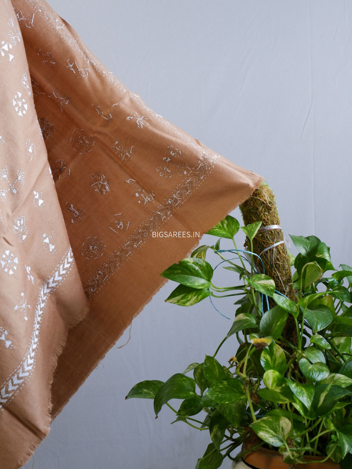 Kantha Stitch Hand-Embroidered Shawl | Woollen | Light Brown