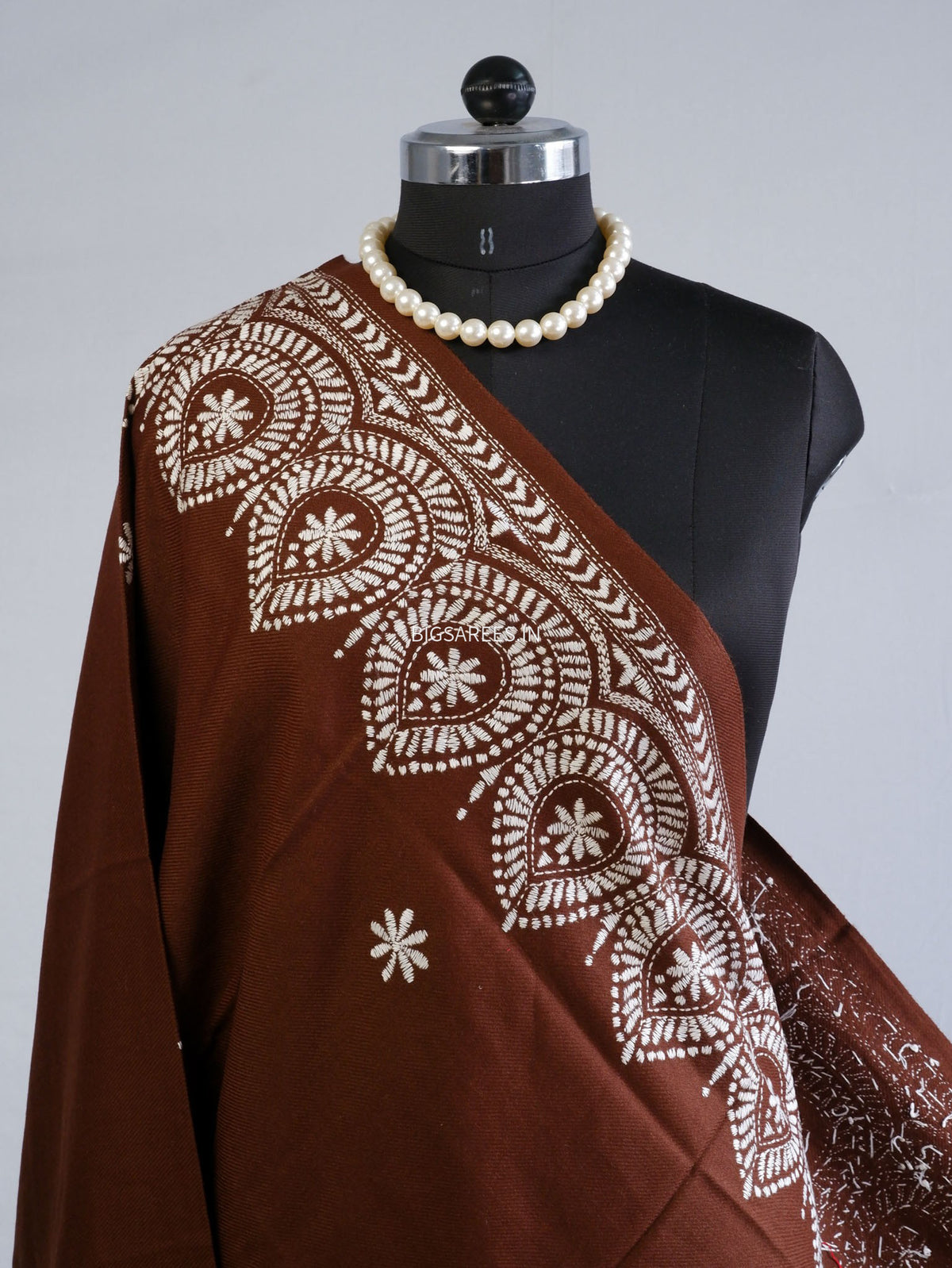 Kantha Stitch Hand-Embroidered Shawl | Woollen | Brown
